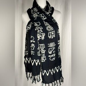 Black or Dark Navy & White Patterned Scarf Shawl Wrap, 66” x 10” 3” Fringe